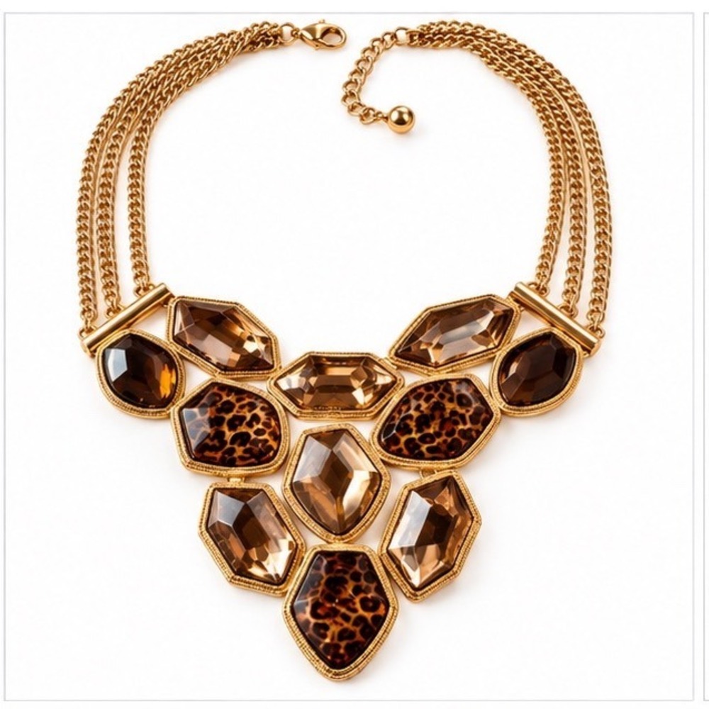 Leopard Print Bib Necklace Honey Carmel  Gold Tone Geometric Stone Multi Chain